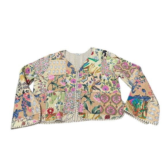 Boho Patchwork Quilted Cotton Jacket 2XL Cropped Floral Cottagecore - Picture 4 of 8